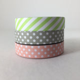paper tape - lime diagonal stripe, grey dot & pink dot